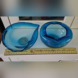 Vintage Kreiss Art Glass Blue Controlled Bubble Molded Bowl Dish 2 pieces